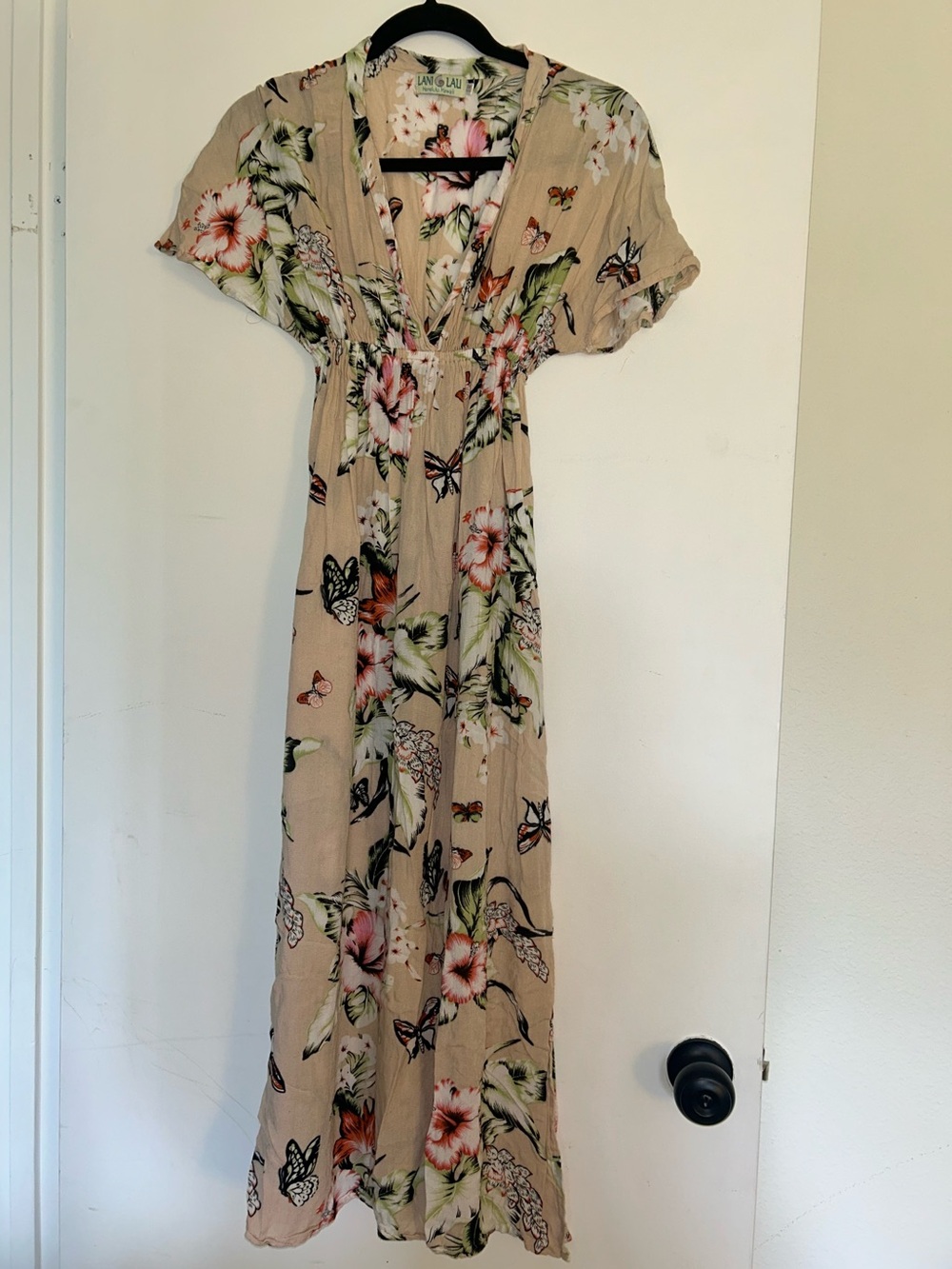 Beige Floral Butterfly Maxi Dress with V-Neckline